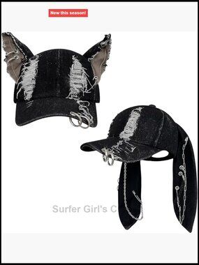Y2K Grunge Hat with Ears Distressed Denim Baseball Cap Punk Accessories